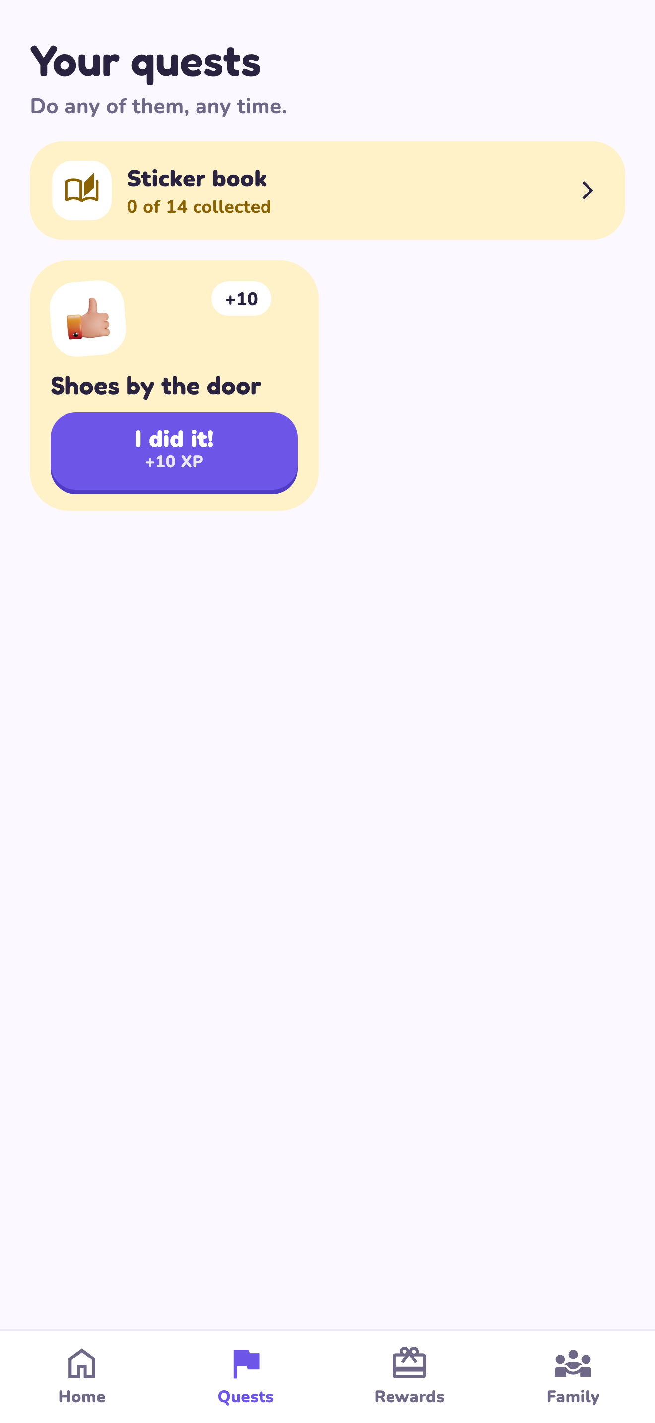 LvlUpKids quest list with the example Shoes by the door and I did it submission button