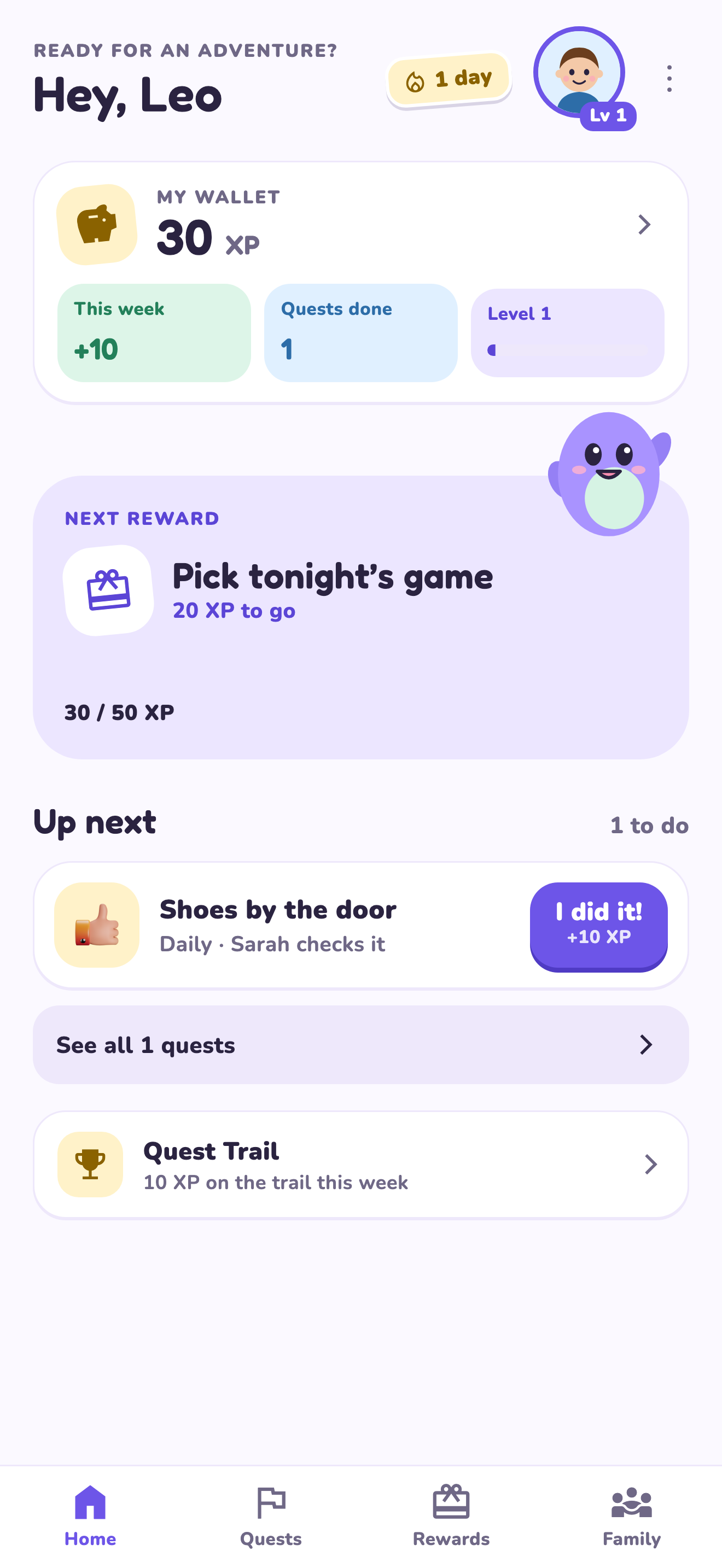 LvlUpKids child home screen with a fictional 30 XP balance and family game goal after a staged approval
