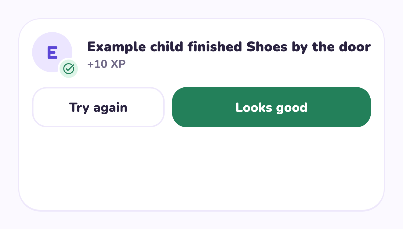 Actual parent quest review card with a fictional completed task and Try again and Looks good buttons