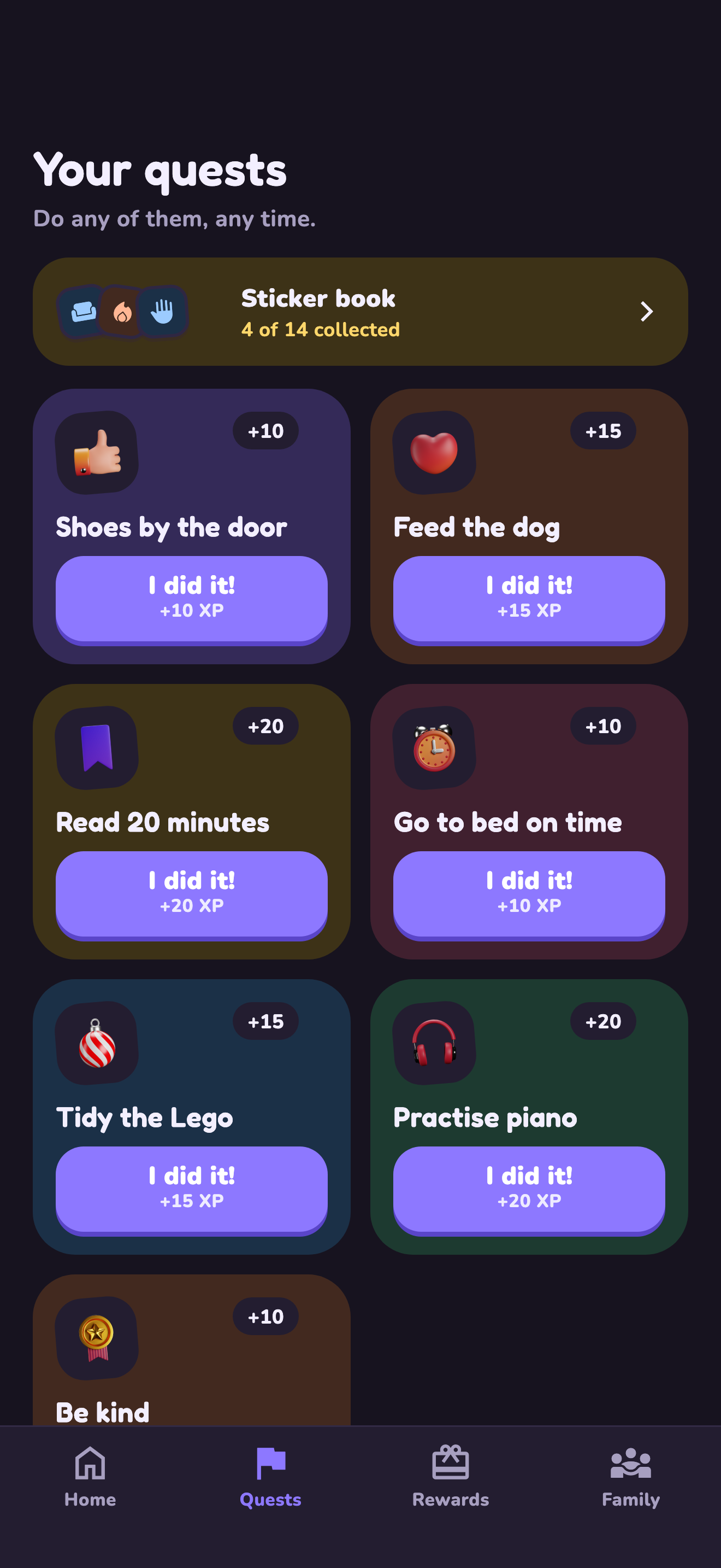 Child quests screen with Shoes by the door first
