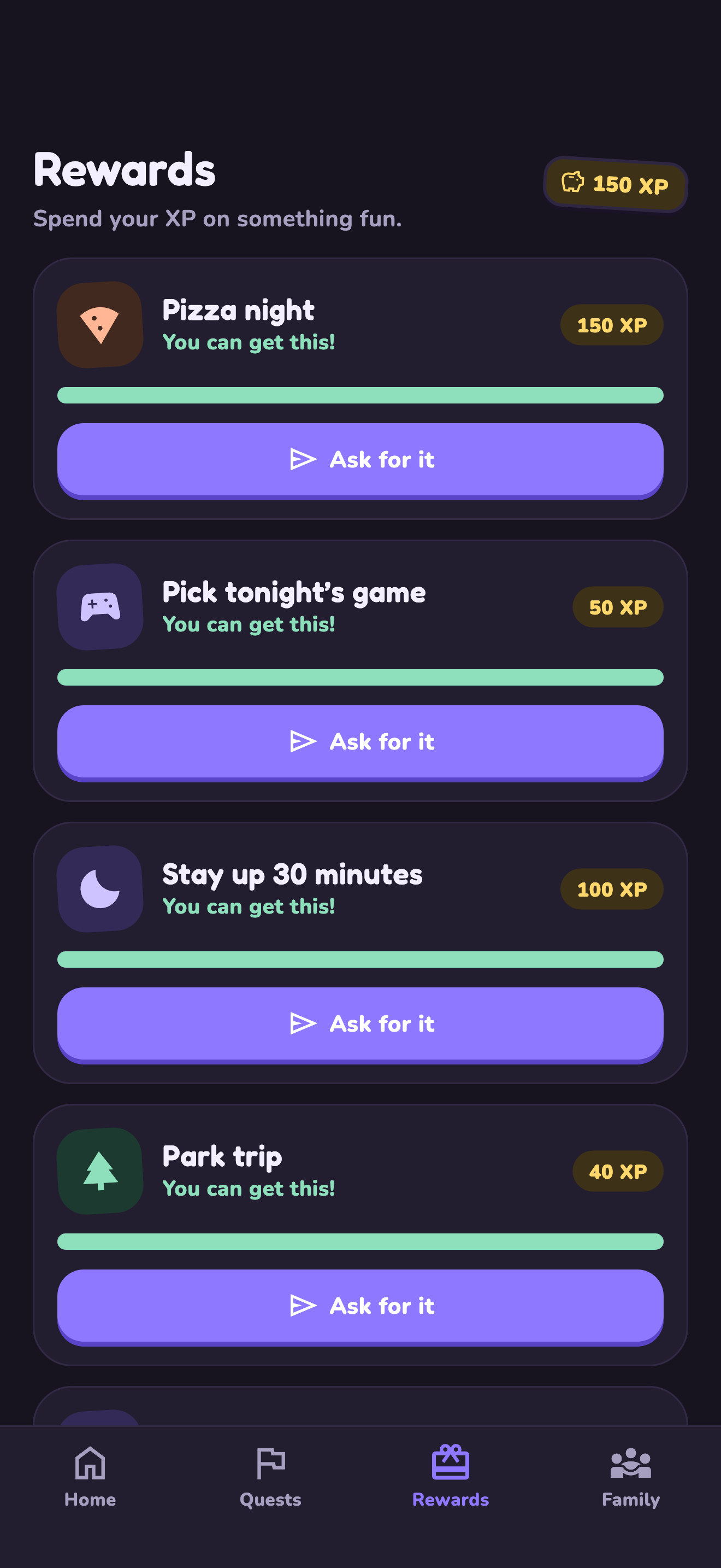 Child rewards screen on iPhone