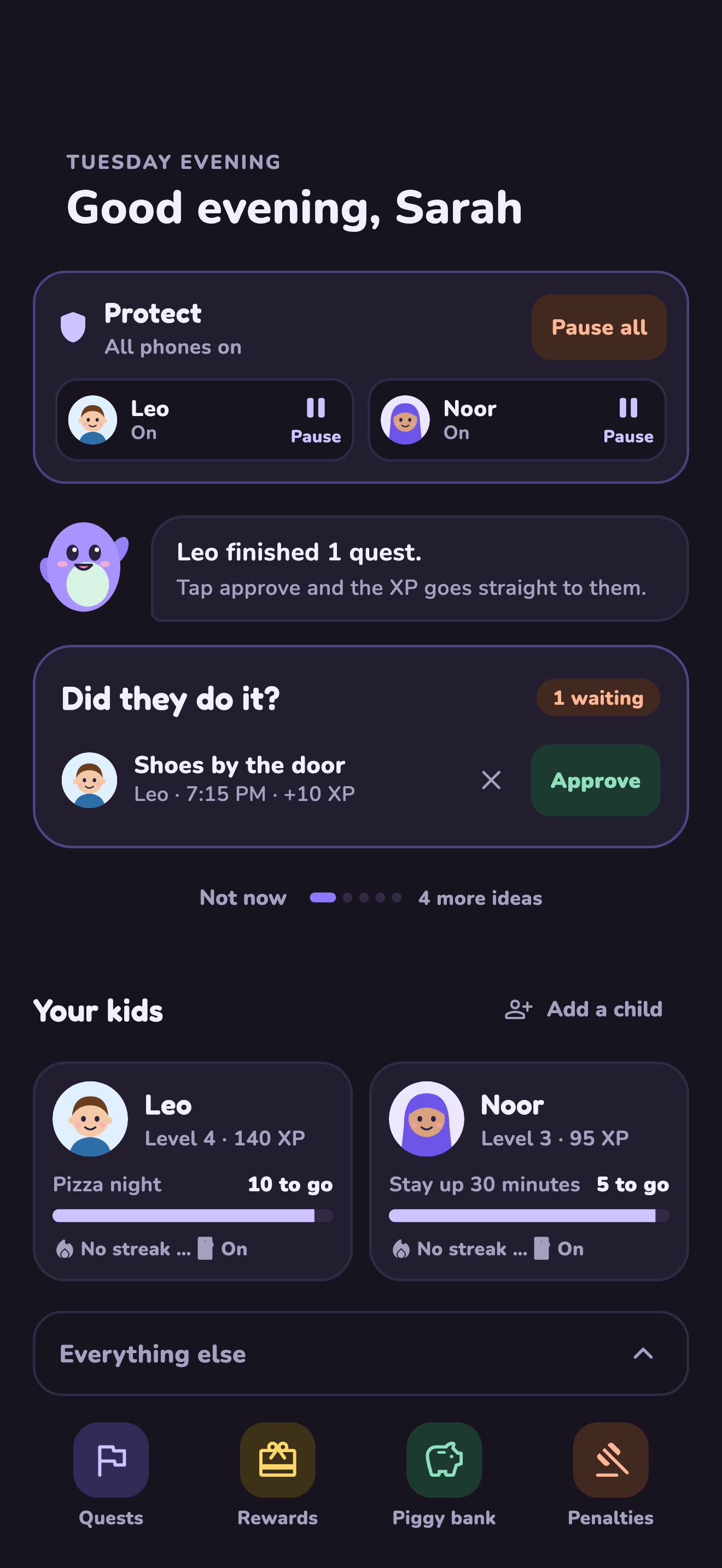Parent home with Pip: Leo finished one quest, Approve
