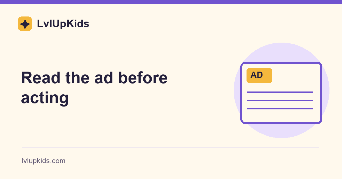 A clearly labeled fictional ad card beside Read the ad before acting | LvlUpKids