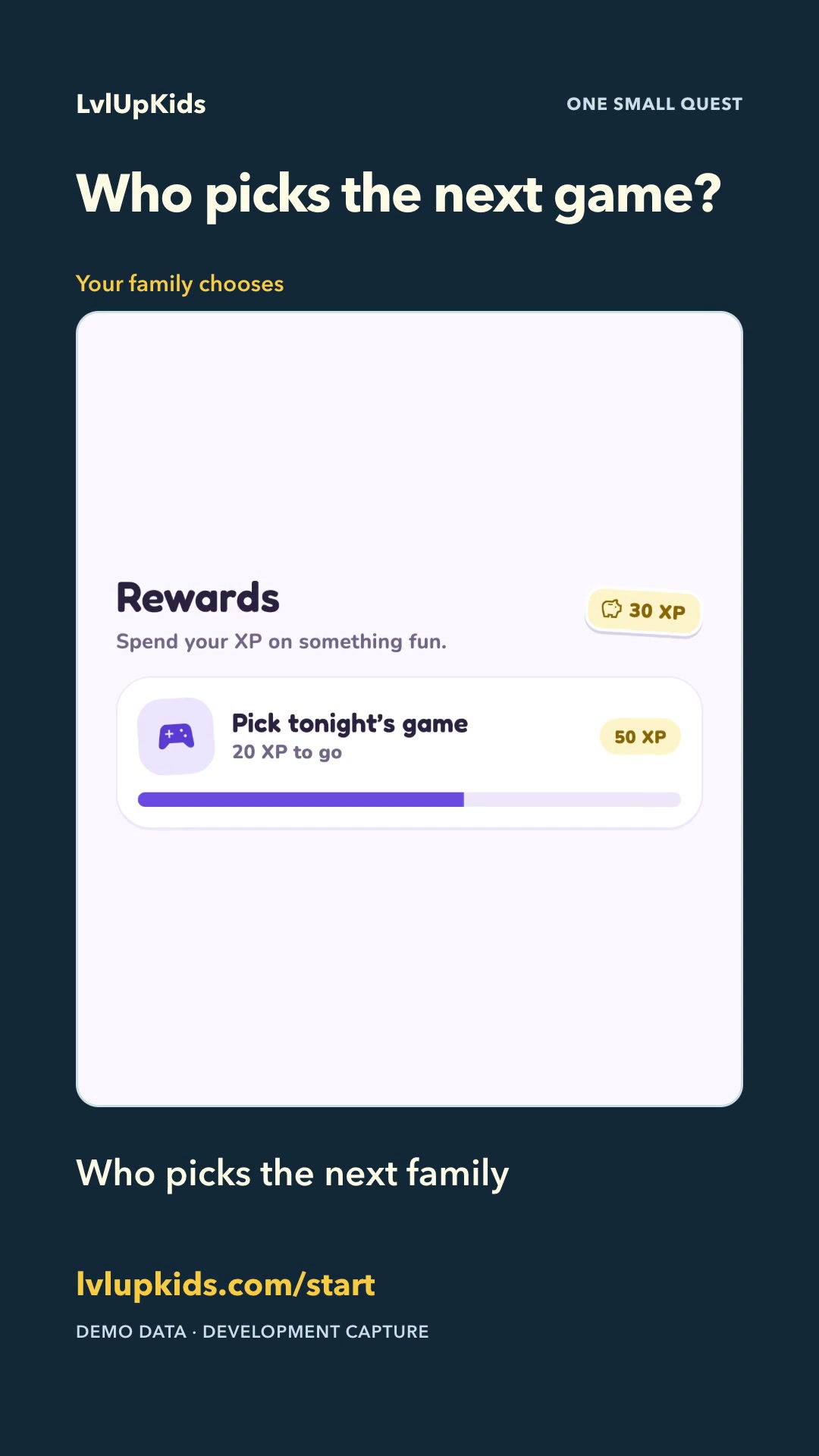 Illustrative LvlUpKids app screen for A family-chosen reward: who picks the next game?