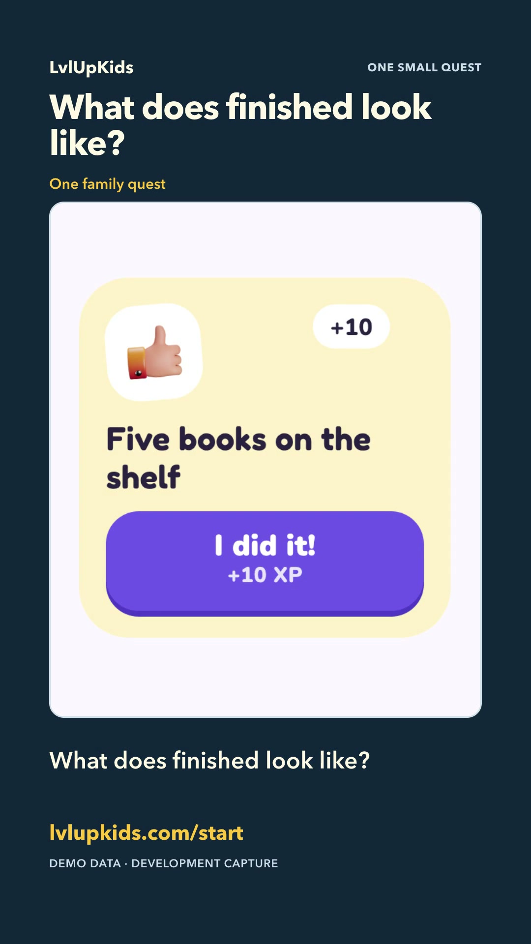 Illustrative LvlUpKids app screen for What does “finished” look like? Five books on the shelf