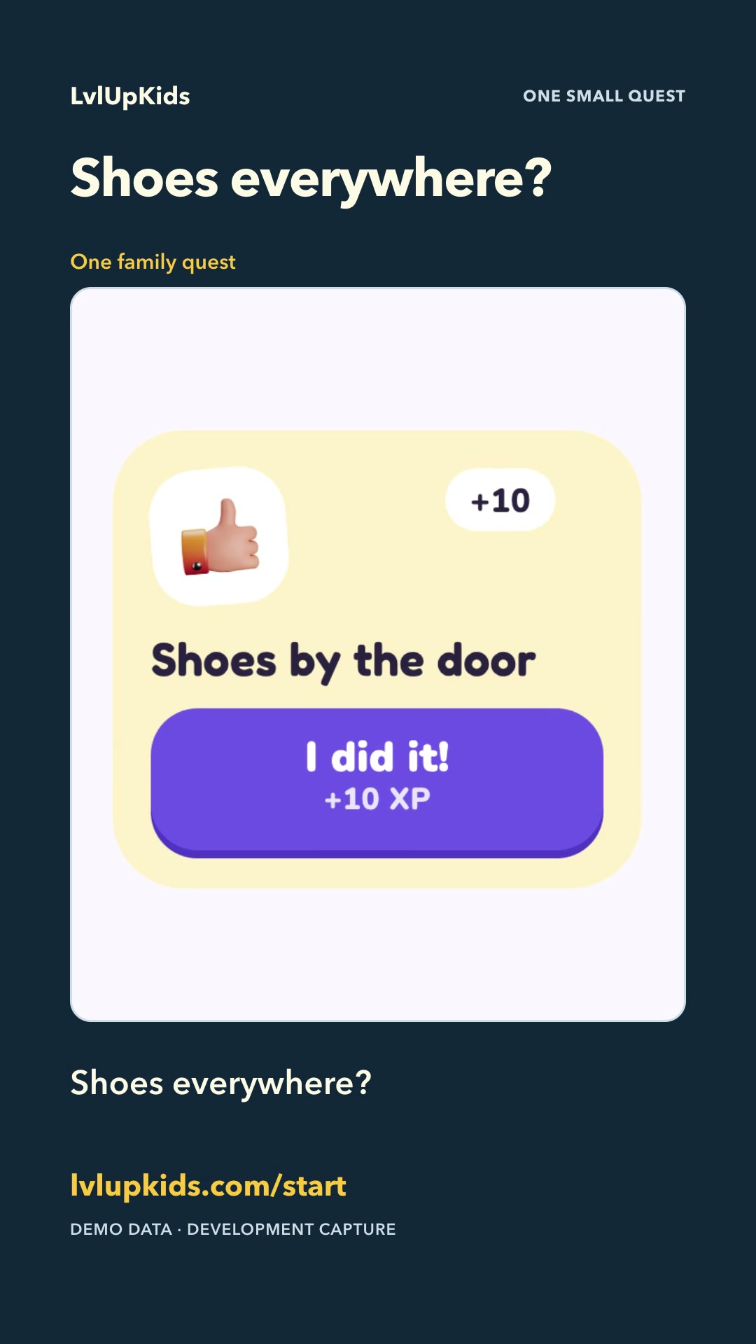 Illustrative LvlUpKids app screen for A first chore quest: shoes by the door