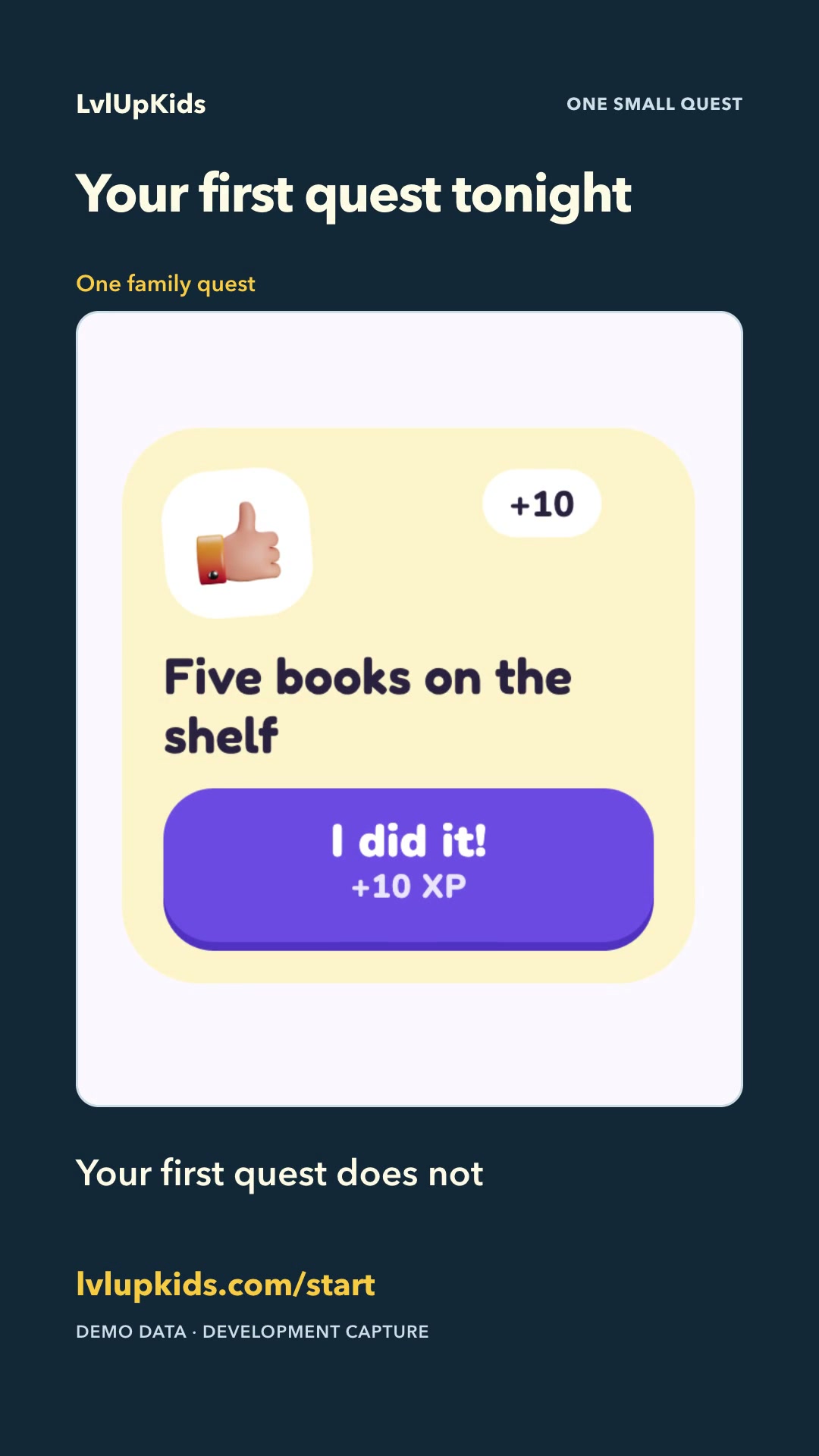 Illustrative LvlUpKids app screen for Your first quest tonight: one task, one reward